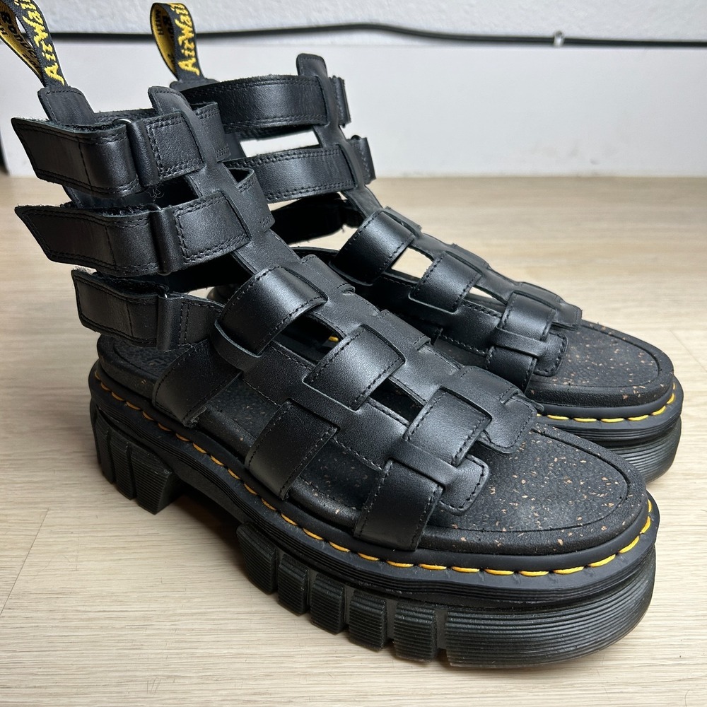 Dr Martens Ricki Gladiator Womens 9 Black Leather Platform Strap Sandals Cork